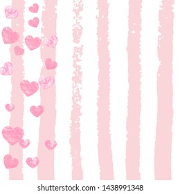 Pink glitter confetti with hearts on pink stripes. Falling sequins with shimmer and sparkles. Design with pink glitter confetti for party invitation, banner, greeting card, bridal shower.