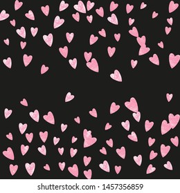 Pink glitter confetti with hearts on isolated backdrop. Sequins with metallic shimmer and sparkles. Design with pink glitter confetti for party invitation, bridal shower and save the date invite.