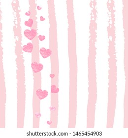 Pink glitter confetti with hearts on pink stripes. Random falling sequins with metallic shimmer. Template with pink glitter confetti for party invitation, bridal shower and save the date invite.