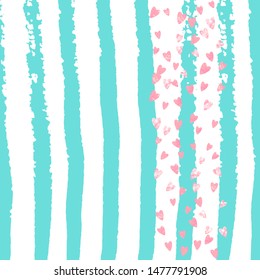 Pink glitter confetti with hearts on turquoise stripes. Shiny random sequins with metallic sparkles. Design with pink glitter confetti for party invitation, event banner, flyer, birthday card.