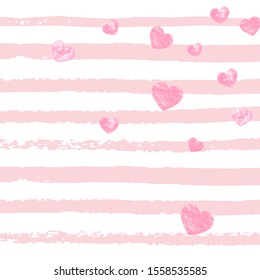 Pink glitter confetti with hearts on pink stripes. Falling sequins with glossy sparkles. Design with pink glitter confetti for party invitation, event banner, flyer, birthday card.