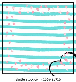 Pink glitter confetti with hearts on turquoise stripes. Shiny random falling sequins with shimmer. Design with pink glitter confetti for party invitation, banner, greeting card, bridal shower.