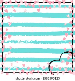 Pink glitter confetti with hearts on turquoise stripes. Random falling sequins with metallic shimmer. Design with pink glitter confetti for party invitation, bridal shower and save the date invite.