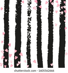 Pink glitter confetti with hearts on black stripes. Shiny random sequins with metallic sparkles. Design with pink glitter confetti for greeting card, bridal shower and save the date invite.