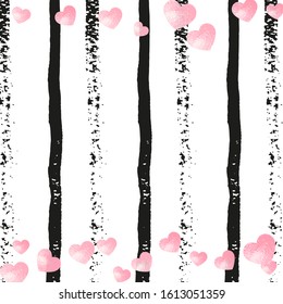 Pink glitter confetti with hearts on black stripes. Falling sequins with glossy sparkles. Template with pink glitter confetti for party invitation, banner, greeting card, bridal shower.