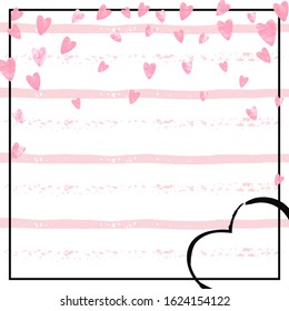 Pink glitter confetti with hearts on pink stripes. Shiny random falling sequins with shimmer. Template with pink glitter confetti for party invitation, event banner, flyer, birthday card.