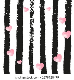 Pink glitter confetti with hearts on black stripes. Falling sequins with metallic shimmer. Template with pink glitter confetti for party invitation, bridal shower and save the date invite.