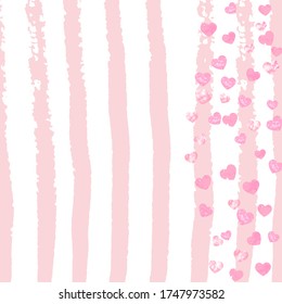 Pink glitter confetti with hearts on pink stripes. Shiny random falling sequins with shimmer. Template with pink glitter confetti for party invitation, bridal shower and save the date invite.