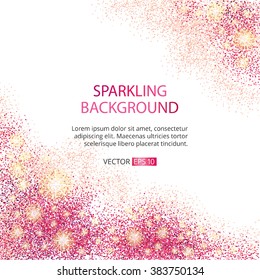 Pink glitter corner on white background. Red sparkles backdrop. Shine text for card, vip exclusive, certificate gift, luxury, privilege voucher. Sale, present, shopping store