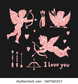 Pink glitter cupid silhouette. Set from cute Valentine's day design elements. Vector illustration on dark background.