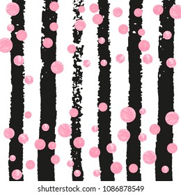 Pink glitter dots confetti on black stripes. Shiny random falling sequins with sparkles. Template with pink glitter dots for party invitation, event banner, flyer, birthday card.