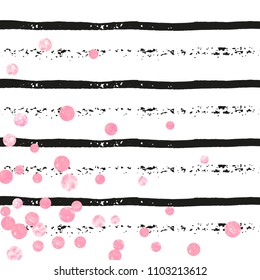 Pink glitter dots confetti on black stripes. Random falling sequins with glossy sparkles. Design with pink glitter dots for greeting card, bridal shower and save the date invite.