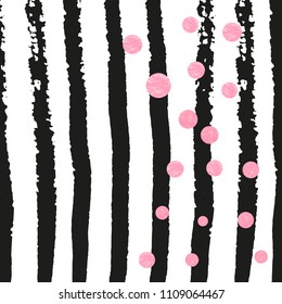 Pink glitter dots confetti on black stripes. Random falling sequins with metallic shimmer. Template with pink glitter dots for greeting card, bridal shower and save the date invite.