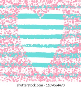 Pink glitter dots confetti on turquoise stripes. Falling sequins with glossy sparkles. Design with pink glitter dots for party invitation, event banner, flyer, birthday card.