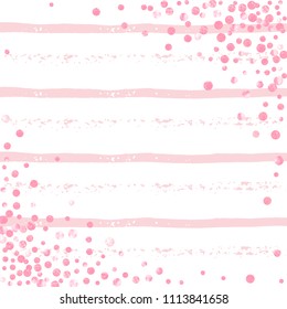Pink glitter dots confetti on white stripes. Random falling sequins with glossy sparkles. Design with pink glitter dots for party invitation, event banner, flyer, birthday card.