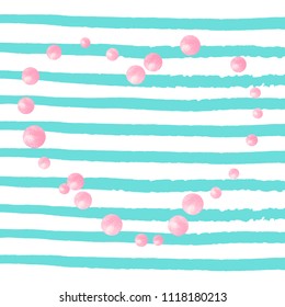 Pink glitter dots confetti on turquoise stripes. Random falling sequins with glossy sparkles. Template with pink glitter dots for party invitation, banner, greeting card, bridal shower.