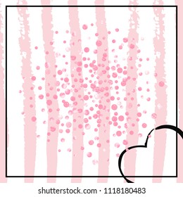 Pink glitter dots confetti on white stripes. Random falling sequins with glossy sparkles. Template with pink glitter dots for party invitation, bridal shower and save the date invite.