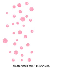 Pink glitter dots confetti on isolated backdrop. Random falling sequins with glossy sparkles. Template with pink glitter dots for party invitation, event banner, flyer, birthday card.