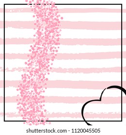 Pink glitter dots confetti on white stripes. Shiny random falling sequins with sparkles. Template with pink glitter dots for party invitation, banner, greeting card, bridal shower.