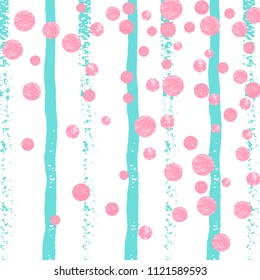 Pink glitter dots confetti on turquoise stripes. Random falling sequins with glossy sparkles. Design with pink glitter dots for party invitation, event banner, flyer, birthday card.
