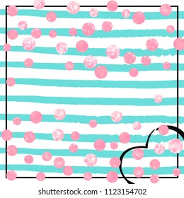 Pink glitter dots confetti on turquoise stripes. Random falling sequins with metallic shimmer. Template with pink glitter dots for party invitation, banner, greeting card, bridal shower.