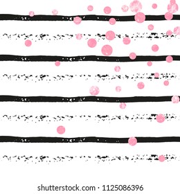 Pink glitter dots confetti on black stripes. Random falling sequins with metallic shimmer. Template with pink glitter dots for party invitation, banner, greeting card, bridal shower.