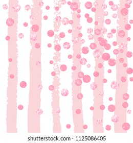 Pink glitter dots confetti on white stripes. Random falling sequins with metallic shimmer. Template with pink glitter dots for party invitation, bridal shower and save the date invite.