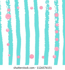 Pink glitter dots confetti on turquoise stripes. Shiny falling sequins with shimmer and sparkles. Design with pink glitter dots for party invitation, bridal shower and save the date invite.