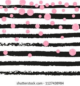 Pink glitter dots confetti on black stripes. Falling sequins with shimmer and sparkles. Template with pink glitter dots for party invitation, bridal shower and save the date invite.
