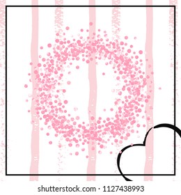 Pink glitter dots confetti on white stripes. Falling sequins with shimmer and sparkles. Template with pink glitter dots for party invitation, event banner, flyer, birthday card.