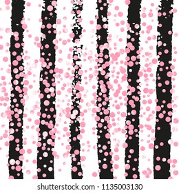 Pink glitter dots confetti on black stripes. Random falling sequins with glossy sparkles. Template with pink glitter dots for party invitation, event banner, flyer, birthday card.