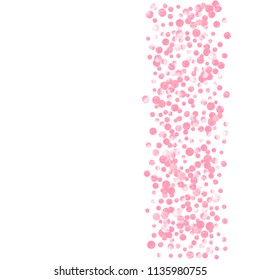 Pink glitter dots confetti on isolated backdrop. Shiny random falling sequins with shimmer. Template with pink glitter dots for party invitation, banner, greeting card, bridal shower.