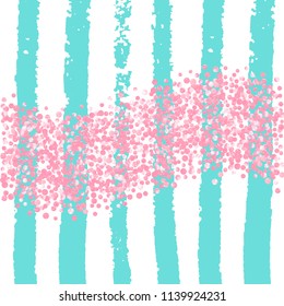 Pink glitter dots confetti on turquoise stripes. Shiny falling sequins with shimmer and sparkles. Design with pink glitter dots for party invitation, banner, greeting card, bridal shower.