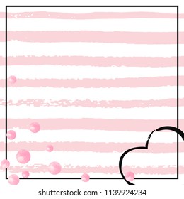 Pink glitter dots confetti on white stripes. Random falling sequins with metallic shimmer. Template with pink glitter dots for party invitation, bridal shower and save the date invite.