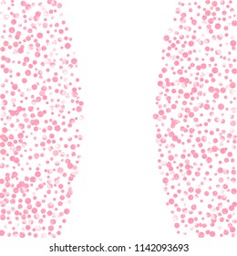 Pink glitter dots confetti on isolated backdrop. Shiny random falling sequins with shimmer. Design with pink glitter dots for party invitation, banner, greeting card, bridal shower.