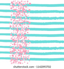 Pink glitter dots confetti on turquoise stripes. Random falling sequins with glossy sparkles. Template with pink glitter dots for greeting card, bridal shower and save the date invite.