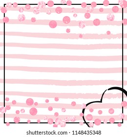Pink glitter dots confetti on white stripes. Falling sequins with shimmer and sparkles. Template with pink glitter dots for party invitation, event banner, flyer, birthday card.