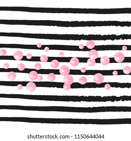 Pink glitter dots confetti on black stripes. Random falling sequins with metallic shimmer. Design with pink glitter dots for party invitation, banner, greeting card, bridal shower.