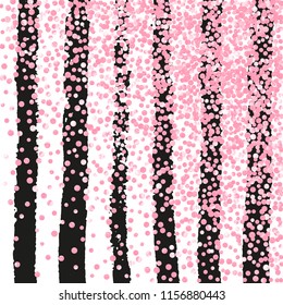 Pink glitter dots confetti on black stripes. Shiny falling sequins with shimmer and sparkles. Template with pink glitter dots for party invitation, banner, greeting card, bridal shower.