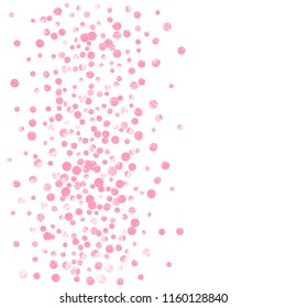 Pink glitter dots confetti on isolated backdrop. Falling sequins with shimmer and sparkles. Template with pink glitter dots for party invitation, event banner, flyer, birthday card.