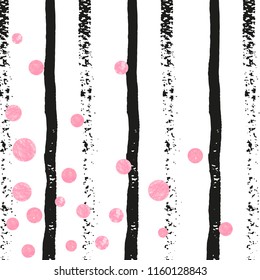 Pink glitter dots confetti on black stripes. Falling sequins with glossy sparkles. Template with pink glitter dots for party invitation, bridal shower and save the date invite.