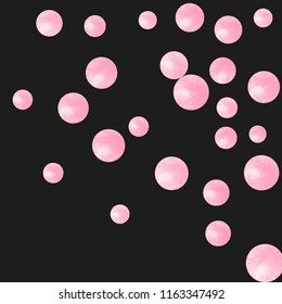Pink glitter dots confetti on isolated backdrop. Random falling sequins with glossy sparkles. Template with pink glitter dots for party invitation, bridal shower and save the date invite.