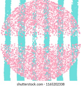 Pink glitter dots confetti on turquoise stripes. Random falling sequins with glossy sparkles. Design with pink glitter dots for greeting card, bridal shower and save the date invite.