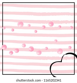 Pink glitter dots confetti on white stripes. Falling sequins with metallic shimmer. Design with pink glitter dots for party invitation, bridal shower and save the date invite.