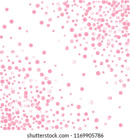 Pink glitter dots confetti on isolated backdrop. Falling sequins with glossy sparkles. Template with pink glitter dots for greeting card, bridal shower and save the date invite.