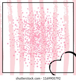 Pink glitter dots confetti on white stripes. Falling sequins with metallic shimmer. Template with pink glitter dots for greeting card, bridal shower and save the date invite.