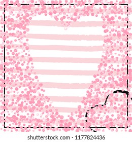 Pink glitter dots confetti on white stripes. Random falling sequins with glossy sparkles. Template with pink glitter dots for party invitation, bridal shower and save the date invite.