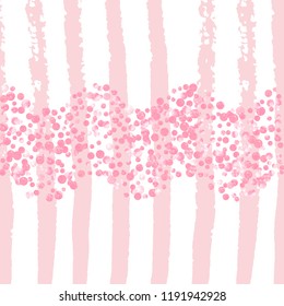 Pink glitter dots confetti on white stripes. Falling sequins with shimmer and sparkles. Template with pink glitter dots for party invitation, banner, greeting card, bridal shower.