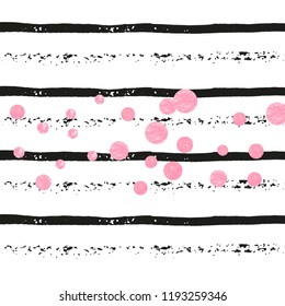 Pink glitter dots confetti on black stripes. Falling sequins with shimmer and sparkles. Template with pink glitter dots for greeting card, bridal shower and save the date invite.
