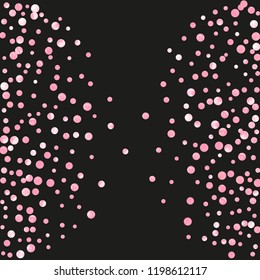 Pink glitter dots confetti on isolated backdrop. Shiny random falling sequins with sparkles. Template with pink glitter dots for greeting card, bridal shower and save the date invite.
